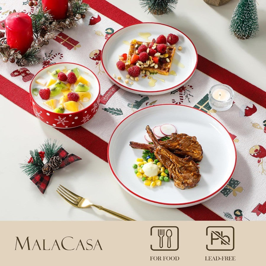 12Piece Christmas Porcelain Dinnerware Set for 4 Including Plates and Bowls Ceramic Kitchen Dining Ware Set with Santa Claus De