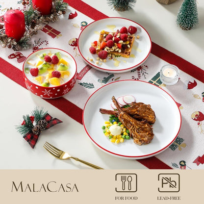 12Piece Christmas Porcelain Dinnerware Set for 4 Including Plates and Bowls Ceramic Kitchen Dining Ware Set with Santa Claus De