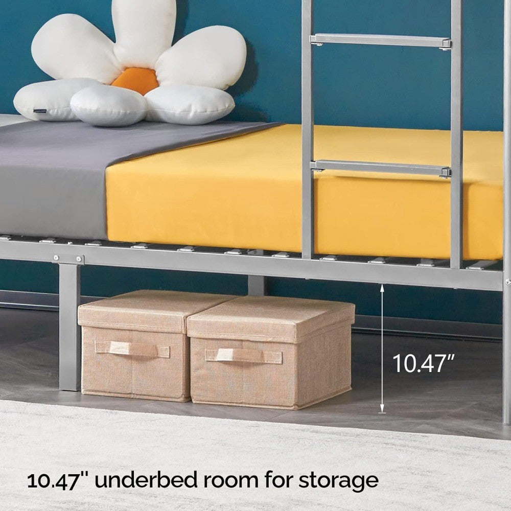 Metal Bunk Bed Twin Over Twin, Heavy Duty Bunk Bed with Flat Steps for Kids, Teens & Adults, Gray