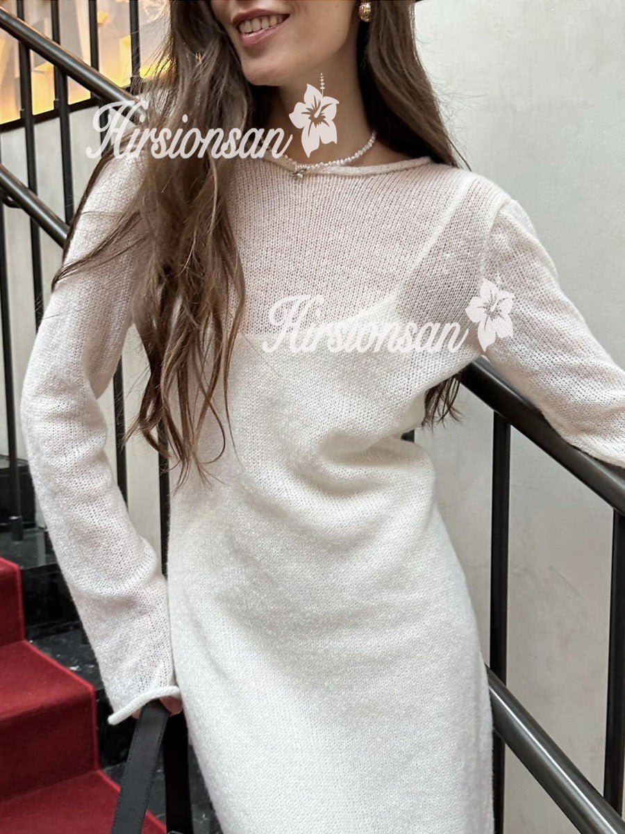 Hirsionsan Spring Autumn O-Neck Elastic Knit Long Dresses Women 2024 Elegant Chi