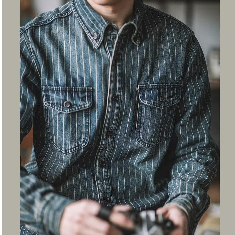 Amekaji Cargo Shirts Men's Vintage Vertical Stripe Denim Jackets Washed Distressed Pocket Trim Casual Coats Spring Autumn Shirts