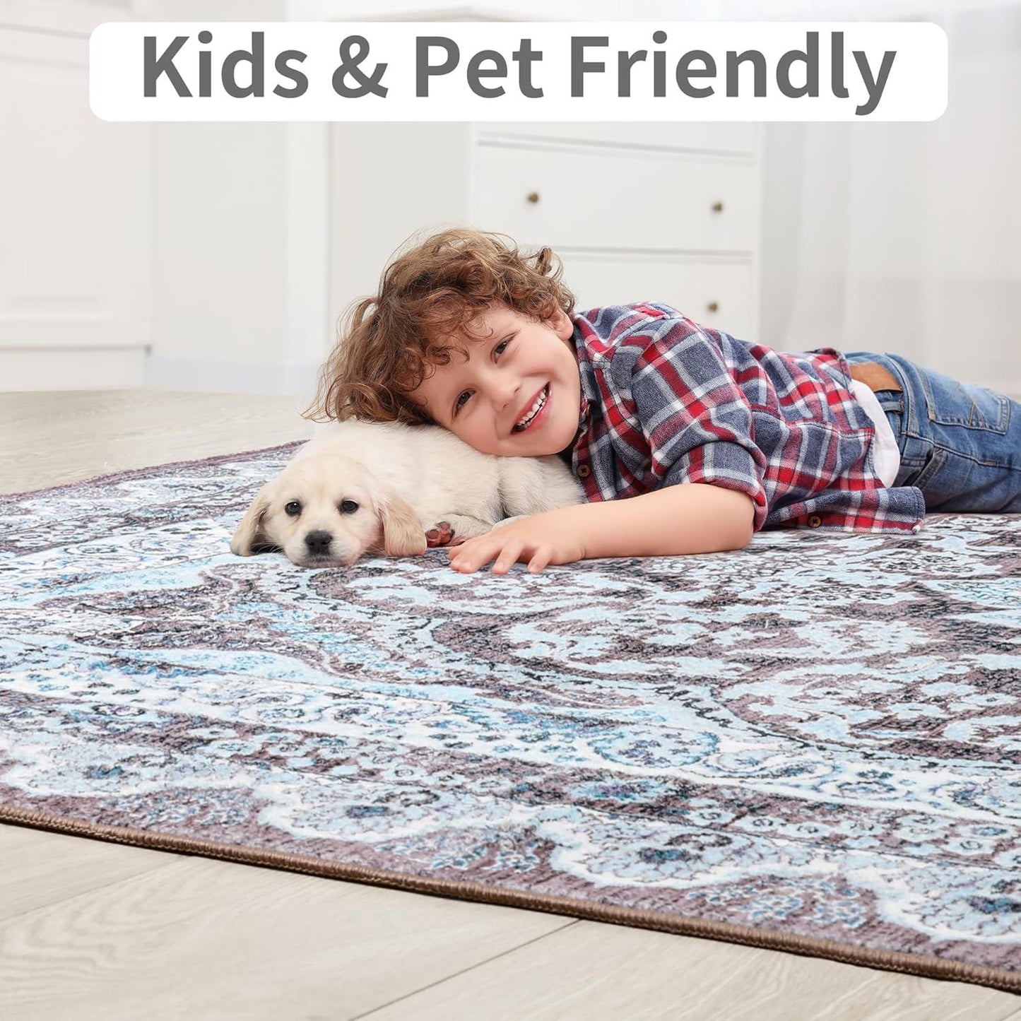 Area Rugs for Living Room, Machine Washable Vintage Rug, Non-Slip Low Pile Throw Rugs with Rubber Backing Washable Carpet