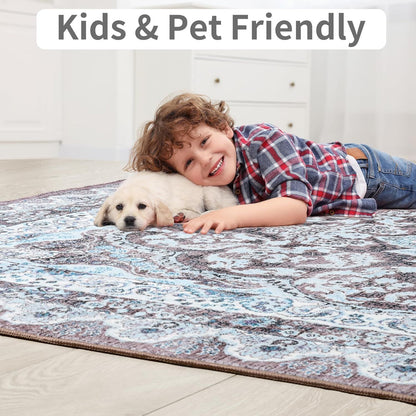 Area Rugs for Living Room, Machine Washable Vintage Rug, Non-Slip Low Pile Throw Rugs with Rubber Backing Washable Carpet