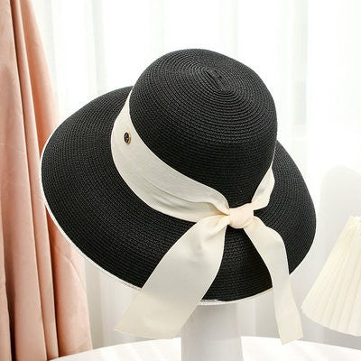 Chapéu de palha de verão PP preto e branco, chapéu de sol, protetor solar, férias, praia, abas largas, chapéu de sol de verão