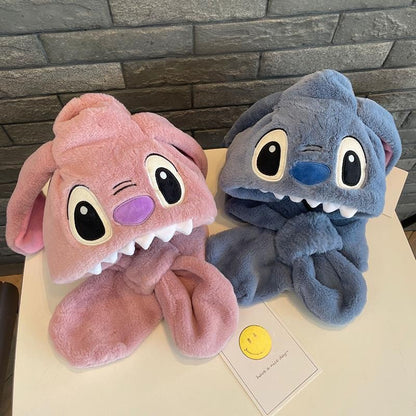 Disney Stitch Angel fofo criativo desenho animado infantil chapéu de pelúcia cachecol anime filme personalizado proteção de orelha chapéu quente engrossado