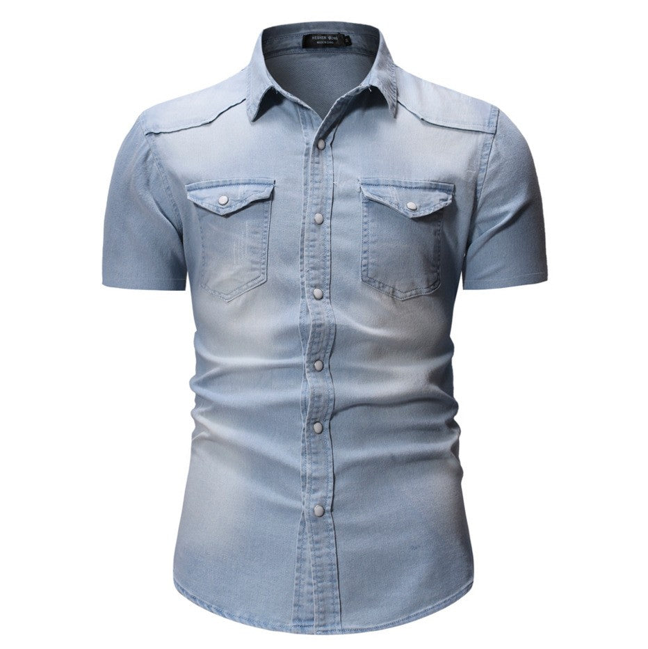 New Men's Fashion Short Sleeve Denim Shirt Soft Solid Color Slim Fit Cowboy Top for Men