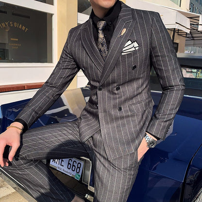 Customized High Quality Men's Pinstripe Tuxedo Suits Peak Lapel 2-Piece Blazer And Pants Set for Formal Wedding