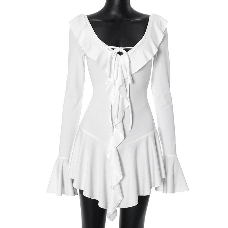 Ruffled Lace-Up White Mini Dress Women's V-Neck Patchwork Long Sleeve Sexy Slim