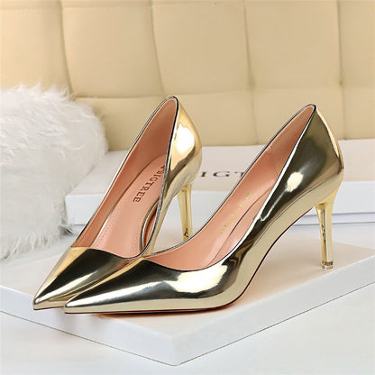 Women Mteallic Bronze Leather Pumps 7.5cm 10.5cm High Heels Lady Stiletto Middle Heels Wedding Bridal Gold Silver Event Shoes