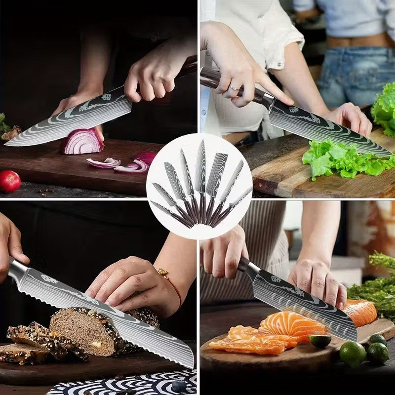 MDHAND Conjunto de Facas de Chef com Padrão de Damasco a Laser de 1 a 10 peças, Fatiador de Carne em Aço Inoxidável, Cutelo com Cabo de Madeira Antiderrapante, Coleção