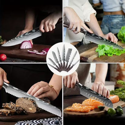 MDHAND Conjunto de Facas de Chef com Padrão de Damasco a Laser de 1 a 10 peças, Fatiador de Carne em Aço Inoxidável, Cutelo com Cabo de Madeira Antiderrapante, Coleção