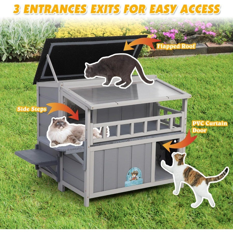Casa de Gato Isolada Externa de 2 Andares Abrigo de Gato de Madeira Quente com Telhado Solar Varanda Plataformas de Salto Recinto para Gatos de Estimação