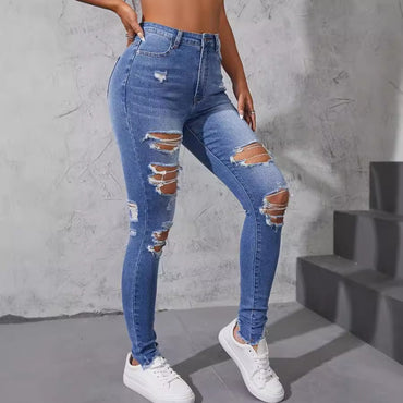 Washed Ripped Skinny Jeans Women's Spring and Fall New Fashion Street High-waisted Jeans Casual Small Leg Pants Pencil Pants