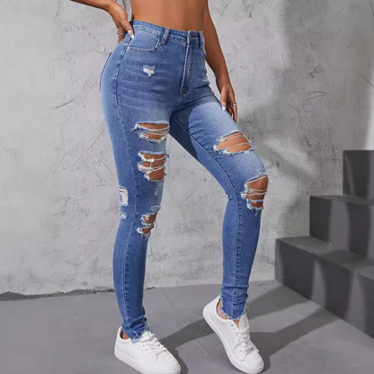 Washed Ripped Skinny Jeans Women's Spring and Fall New Fashion Street High-waisted Jeans Casual Small Leg Pants Pencil Pants