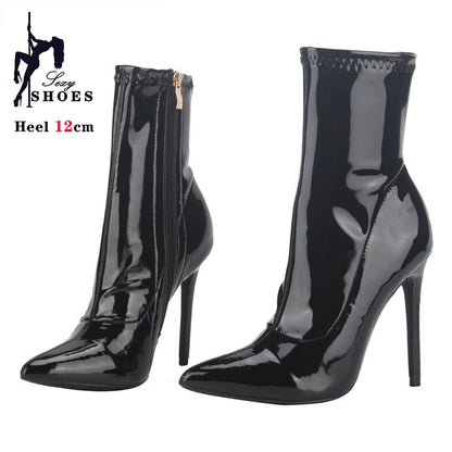 10CM 12cm Black Patent Leather Pointed Toe Women Middle Boots Stiletto High Heel-ed Zipped Mid-calf Boots Bright Polished Shoes