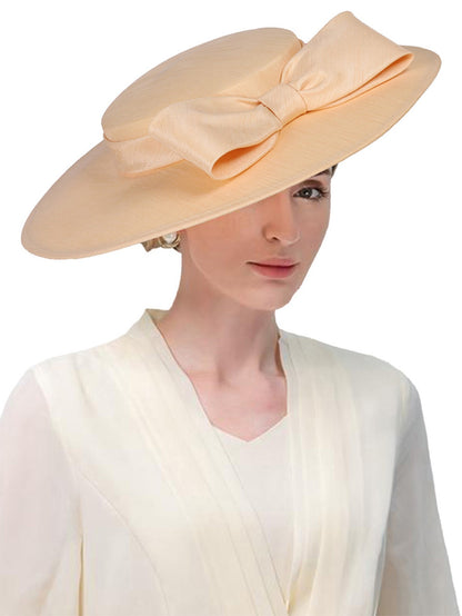 FS Elegante Chapéu de Aba Larga Marfim Feminino Grande Laço Ocasião Formal Kentucky Boné Feminino Casamento Coquetel Festa Fedora de Topo Reto 2024