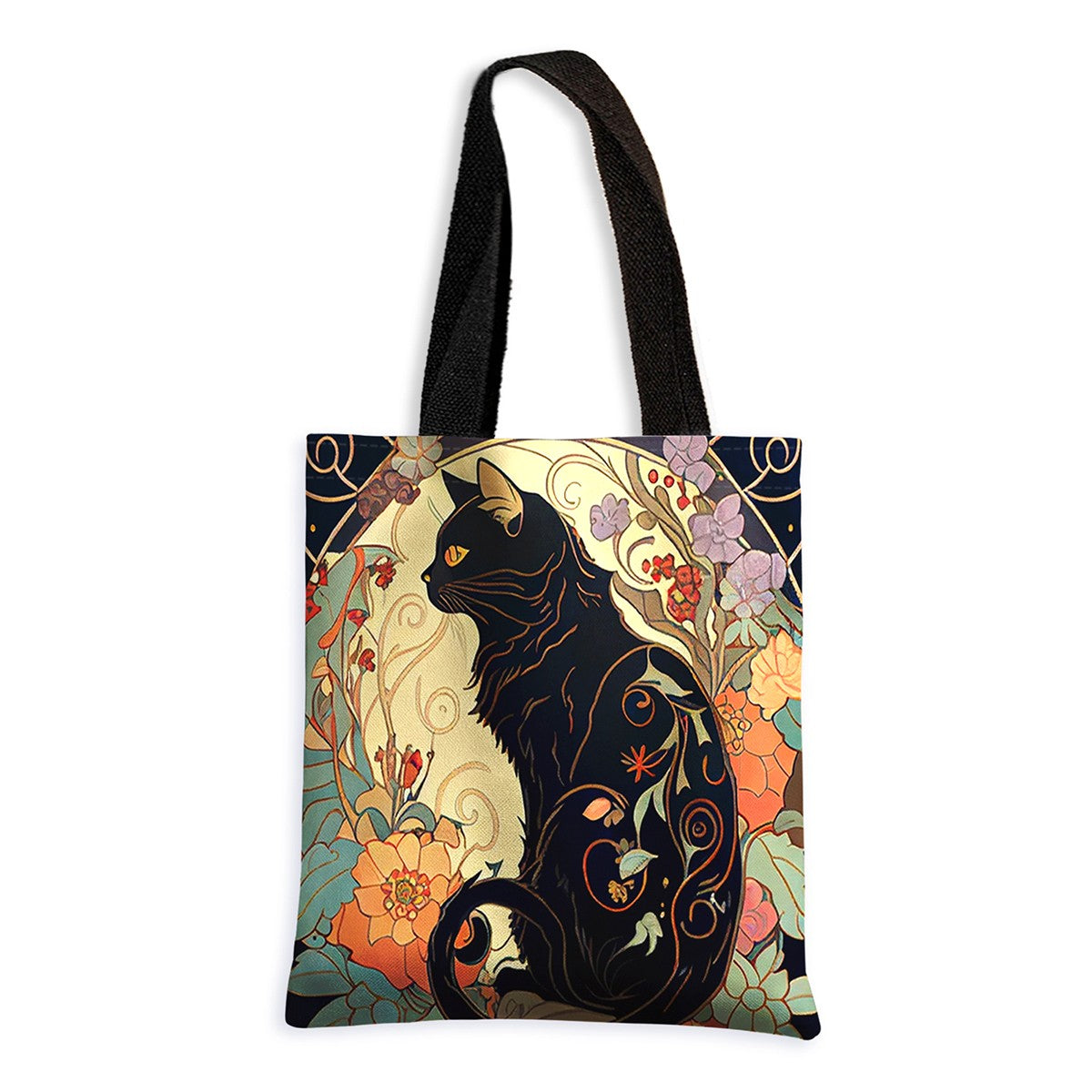 Black cat pattern printed casual handbag, reusable fashionable backpack, multifunctional handbag, canvas shopping bag