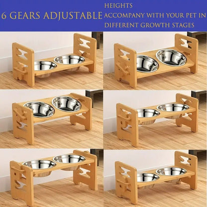 Suporte de Tigela Ajustável para Pets com 6 Posições, Tigelas Duplas de Bambu para Comida e Água de Cães e Gatos, Comedouro Elevado para Cães e Gatos de Pequeno, Médio e Grande Porte