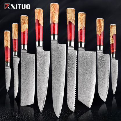 XITUO Conjunto de Facas de Cozinha de Aço Damasco de 1 a 9 Peças Inclui Faca do Chefe, Faca de Pão, Cutelo, Faca Santoku, Faca Nakiri para Desossar