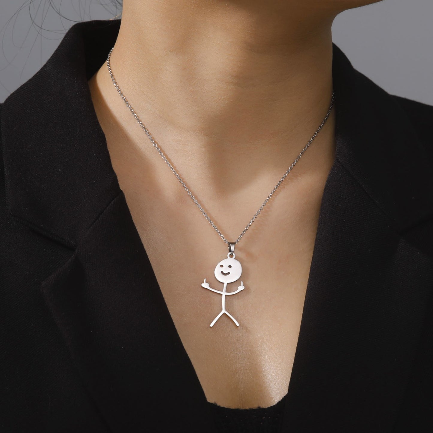 Skyrim Hip Hop Doodle Necklace for Men Women Stainless Steel Long Neck Chain Fashion Middle Finger Stickman Jewelry New
