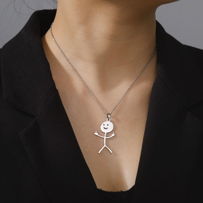 Skyrim Hip Hop Doodle Necklace for Men Women Stainless Steel Long Neck Chain Fashion Middle Finger Stickman Jewelry New