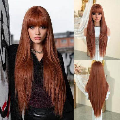 Peruca feminina dourada e branca, moderna com cabelo liso ultralongo, peruca preta completa, com franja e cobertura total da cabeça,