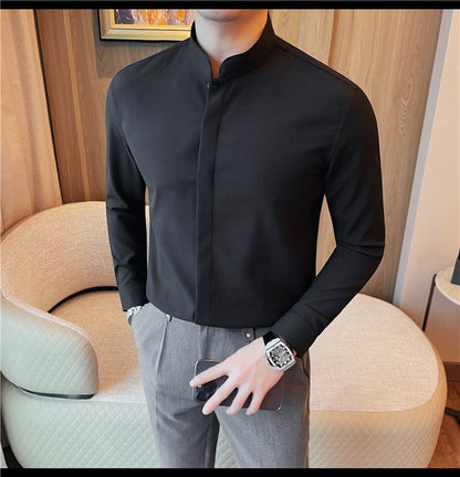 Men Standing Collar Shirt Long Sleeved 2024 Autumn British Style Solid Casual Hidden Button Elastic Slim Fit Formal Dress Shirt