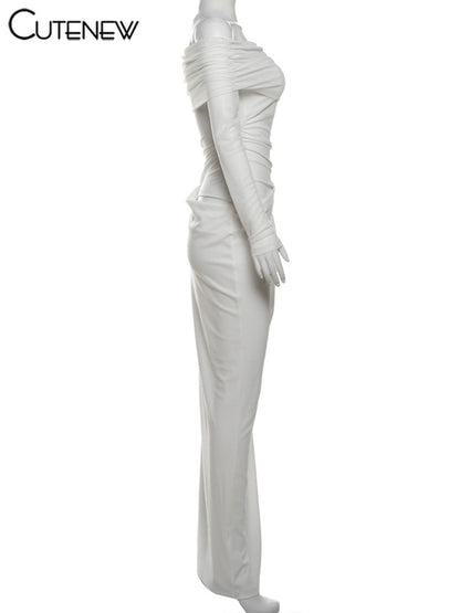 Cutenew Mesh Ruched Women Maxi Dress Sexy See Through Off Shoulder Long Sleeve S