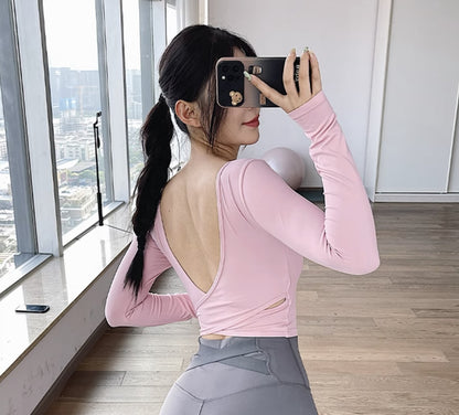 All-in-one deep V open back sexy sports top running training yoga wear slim fit slim casual fitness long sleeves