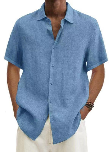 Basic Summer Men's Shirt Cotton Linen Short-sleeved Button Lapel Simple Top Casual Office Blouses for Male