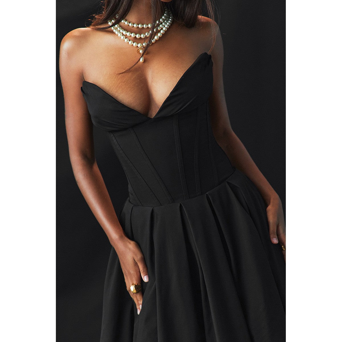 Suninheart Black Elegant Wedding Events Dress Sexy Strapless Corset Dress Midi C
