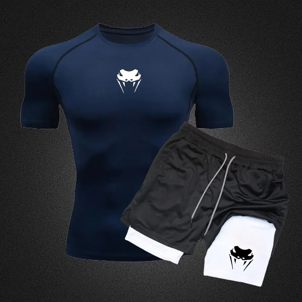 Men Compression Athletic Fitness Wear - Quick-Dry Tight Short-Sleeve Anime Double-Layer Shorts Summer Set Fitness Running Set