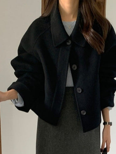 Chic Autumn Winter Vintage Unique Lapel Single Button Loose Versatile Casual  Color ort Woolen Coat for Women