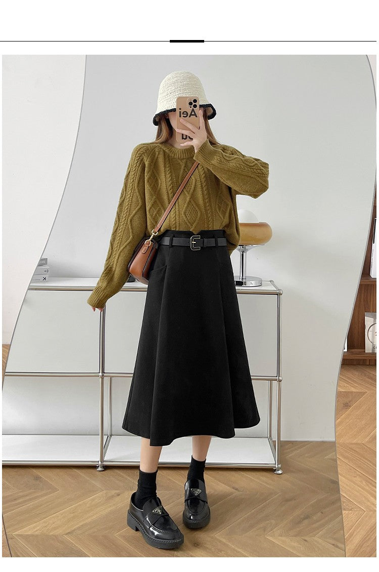 Plus Size Woolen Skirt Women 2024 Autumn Winter New Arrivals High Waist A Line Skirt With Belt Korean Fashon Skirts Womens