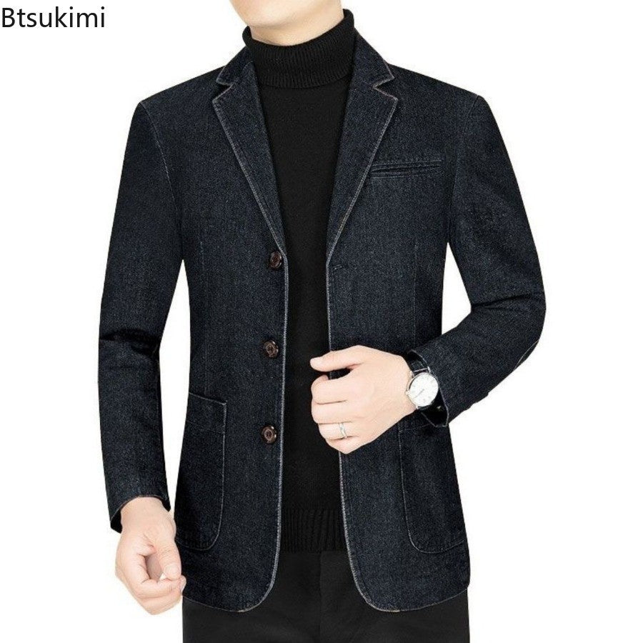 New 2025 Men's Spring Autumn Denim Suit Jacket Suit Collar Jeans Jacket High-end Coat Trend Single West Men Casual  Men Clothing