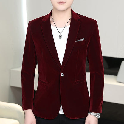 Gold Velvet Suit Men's Trendyy Performance Suit Spring & Fall All Year Round Slim Thin Youth Dress Groomsmen Groom's Dress Wedding Party Suit