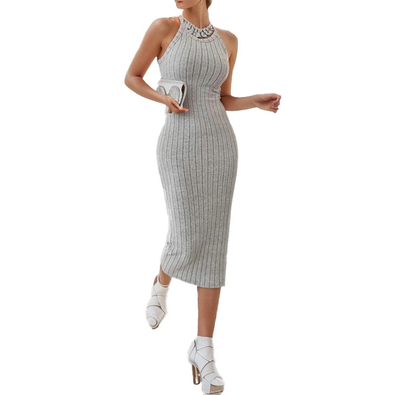 Solid Halter Neck Bodycon Midi Dress High-end temperament vest halter dress wome