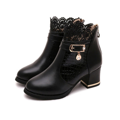 Women'S Ladies Boots Fall Winter Vintage Leather Lace Short Boots Shoes Women'S Fashion Lace Trim Boots Mid-Heeled Boots