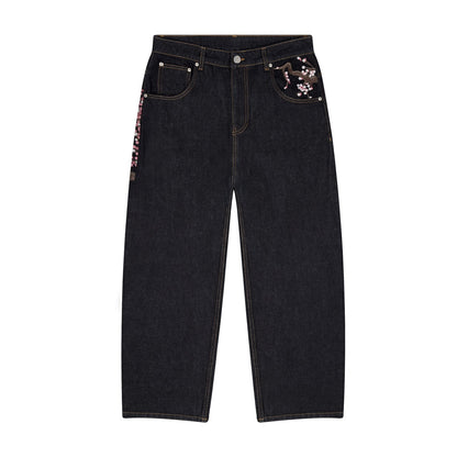 Calça Jeans Y2k Retrô Masculina Casual Larga Reta Wide Leg de Alta Qualidade Streetwear Hiphop com Bordado de Flor de Cerejeira na Bainha