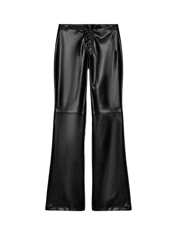2026 New Solid Black Leather Long Pants For Women Y2K Casual Tie Up Drawstring Flared Trousers Female Chic Street Bell-bottoms