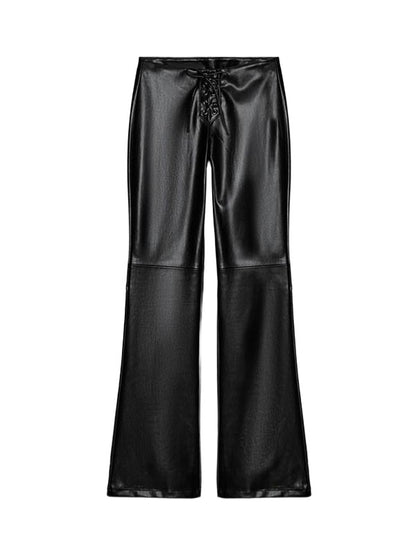 2026 New Solid Black Leather Long Pants For Women Y2K Casual Tie Up Drawstring Flared Trousers Female Chic Street Bell-bottoms