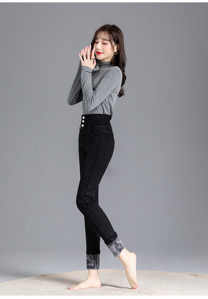 Autumn Winter Skinny Jeans Fashion Women Thermal Fleece High Waist Stretch Warm Pencil Pants Casual Velvet Button Denim Pant