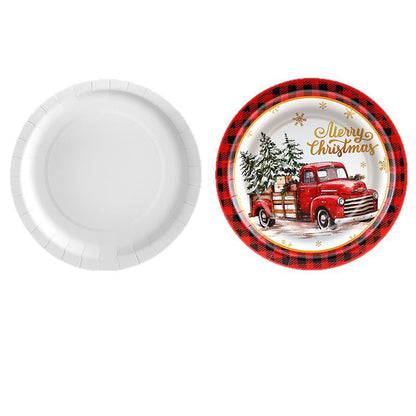 Christmas Theme Party Tableware Red Plaid Christmas Car Disposable Tableware Set Paper Plate Party Decoration Supplies