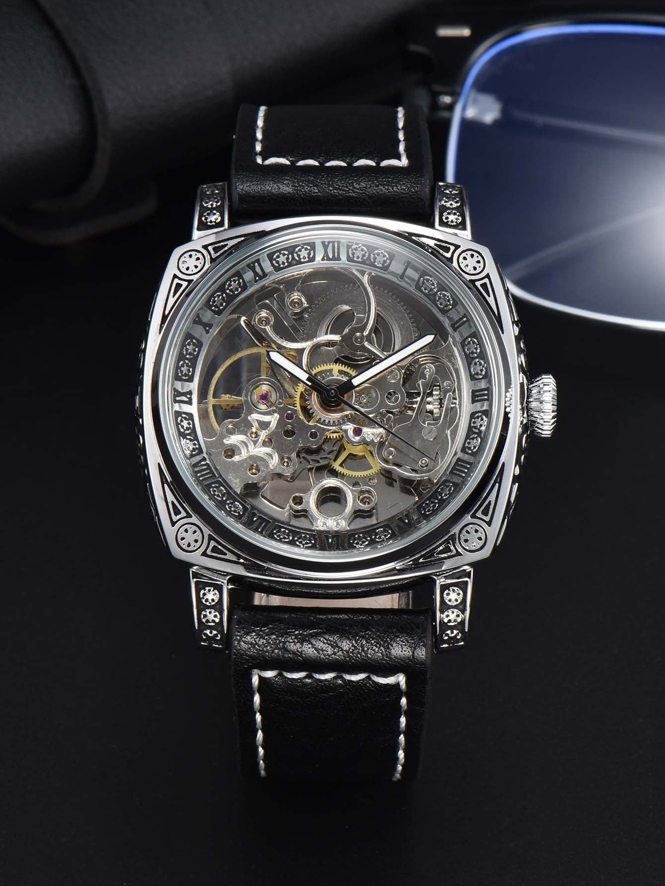 LONGLUX automatic watch retro style wholesale mechanical wristwatches skeleton carve waterproof leather no logo mens watch