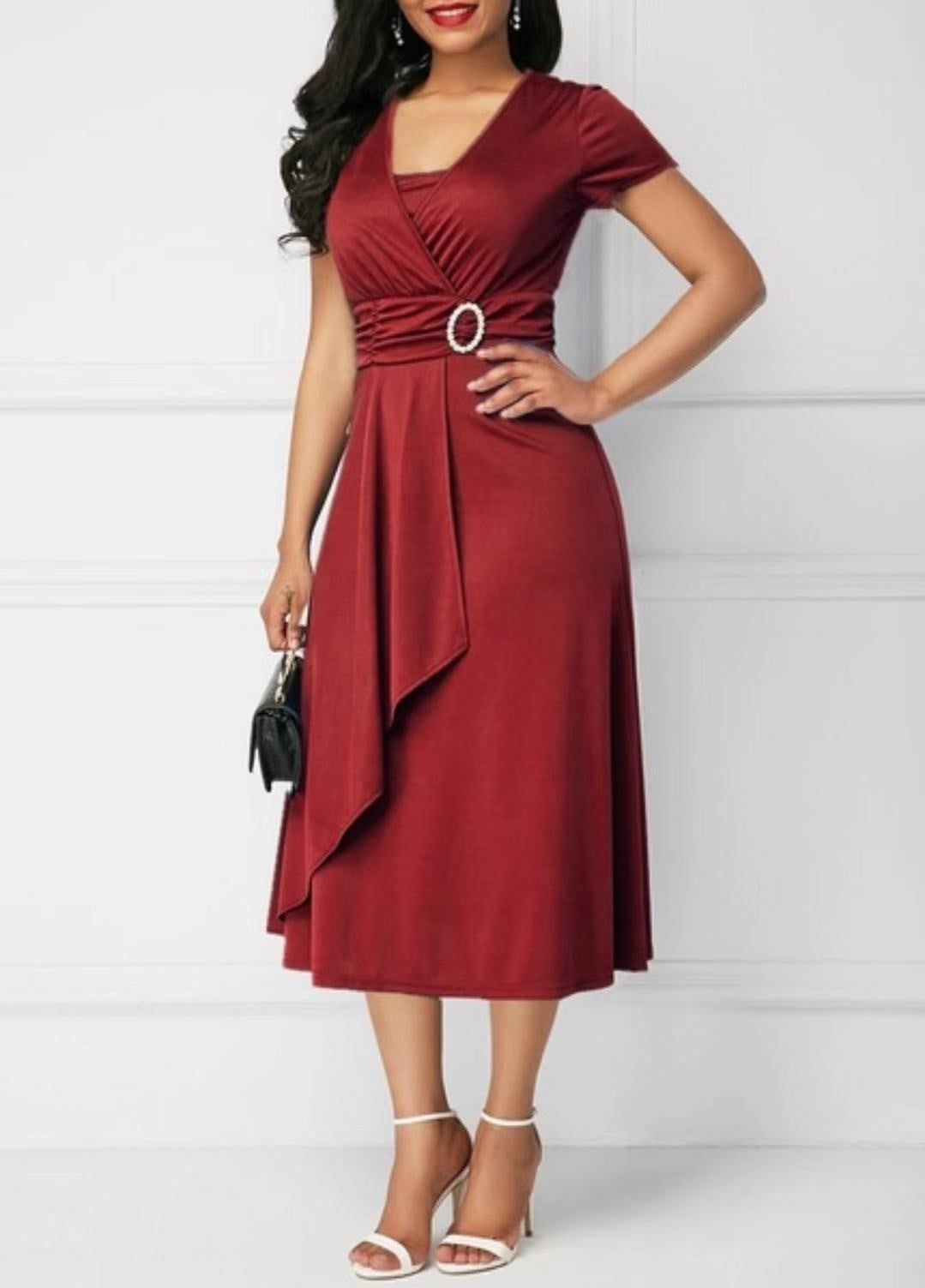Summer Dresses Elegant Women Solid Color Short Sleeve V Neck Asymmetric Hem Wais