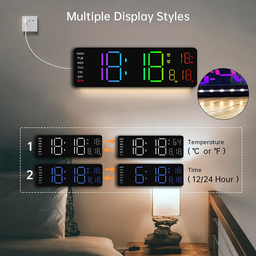 Digital LED Wall Clock with Remote Control Calendar Colorful Night Light Temperature for Living Room Bedroom Office Smart Home