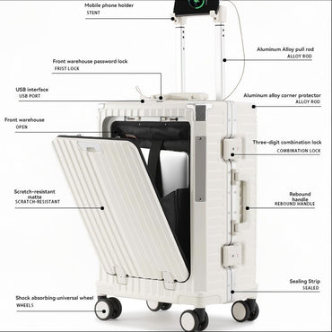 Front opening luggage compartment, PC aluminum frame, 20 inch boarding case, password travel case, luggage trolley case