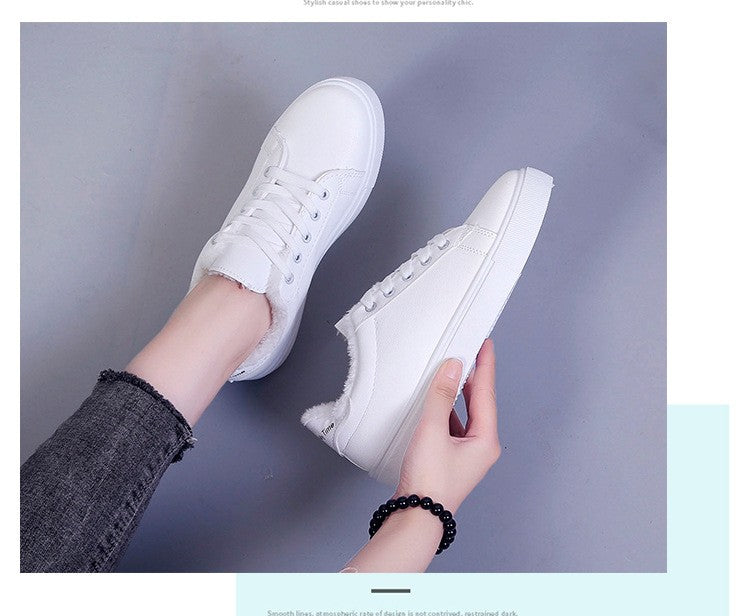 Tênis Feminino de Inverno, Quente, Pelúcia, Sola Vulcanizada, Plataforma, Algodão, Cadarço, Branco, Com Pelúcia, Casual