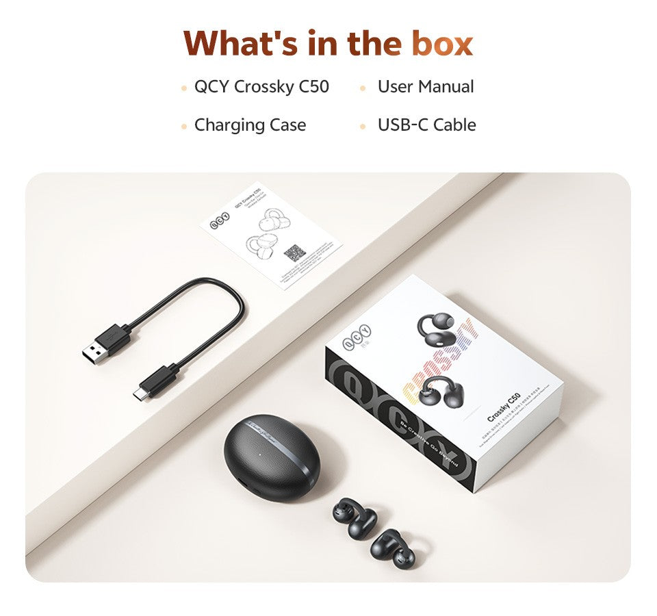 QCY Crossky C50 Open Ear Wireless Earbuds Bluetooth 6.0 Comfort Clip On Sports Earphone 4 Mic AI Clear Call Bass Boost Headphone