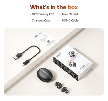 QCY Crossky C50 Open Ear Wireless Earbuds Bluetooth 6.0 Comfort Clip On Sports Earphone 4 Mic AI Clear Call Bass Boost Headphone